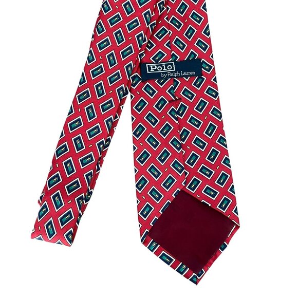 Polo By Ralph Lauren Red Geometric Diamond 100% Silk Mens Tie Handmade in USA - Picture 2 of 4